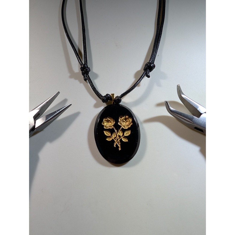 Gold Rose Black Oval Pendant Adjustable Necklace Vintage Style Floral Jewelry